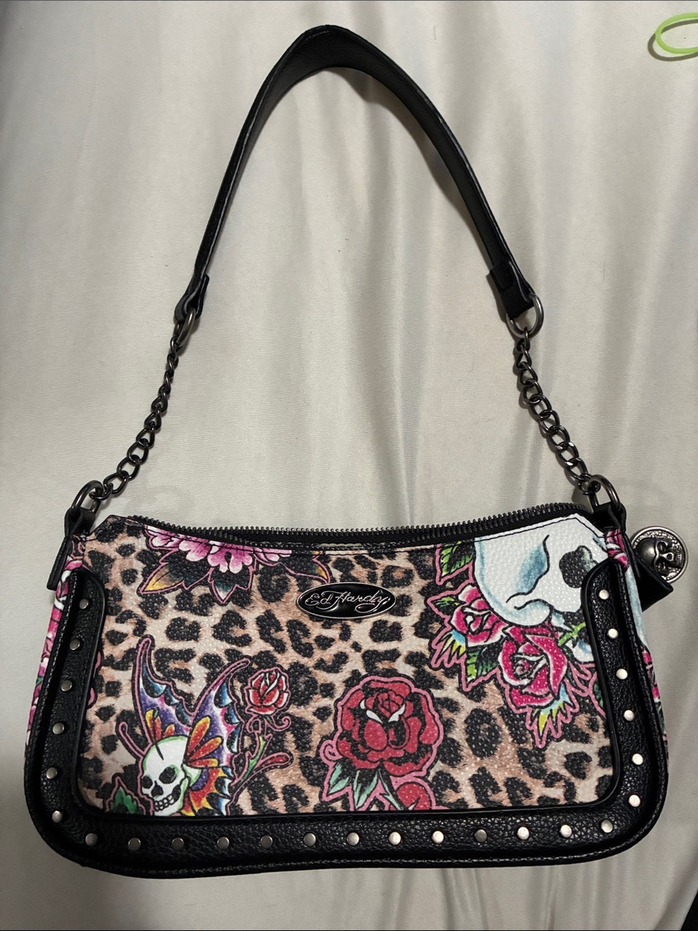 Ed Hardy Black Leopard Print Shoulder Bag with Pink Floral Accents - Picture 1 of 2